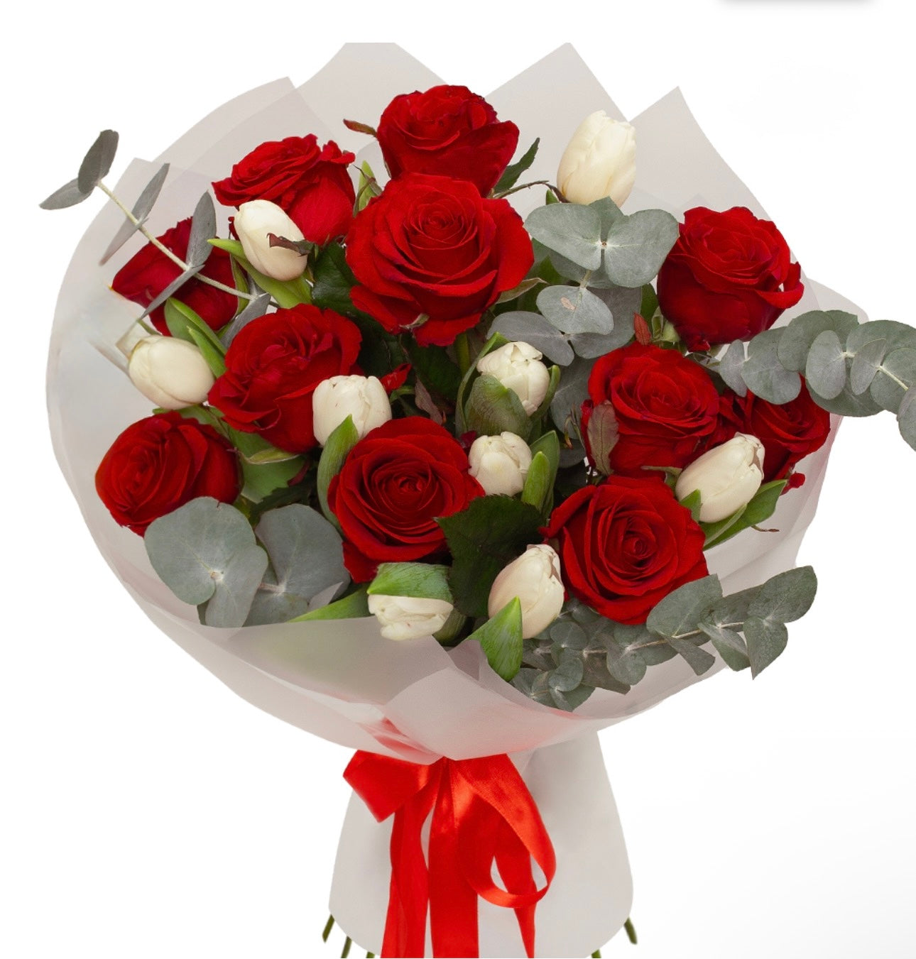 11 Red Roses & 10 White Tulips Bouquet
