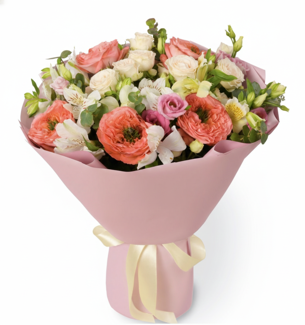 Biscuit Bouquet – Mandarin Roses & Eustoma