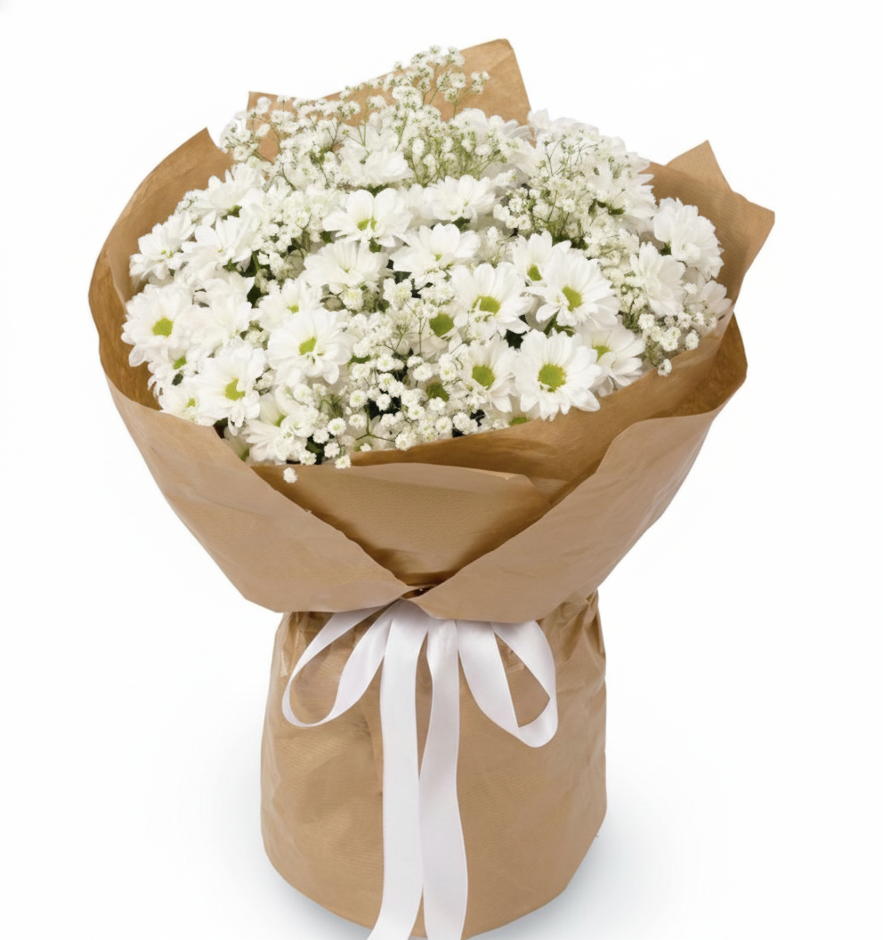 Chiffon Bouquet – White Chrysanthemums & Gypsophila