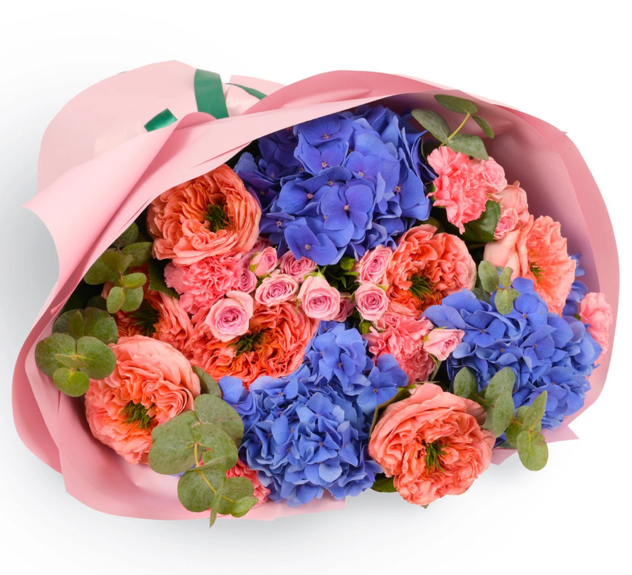 Coral Dream Bouquet – Mandarin Roses & Hydrangeas