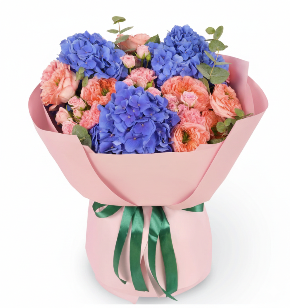 Coral Dream Bouquet – Mandarin Roses & Hydrangeas