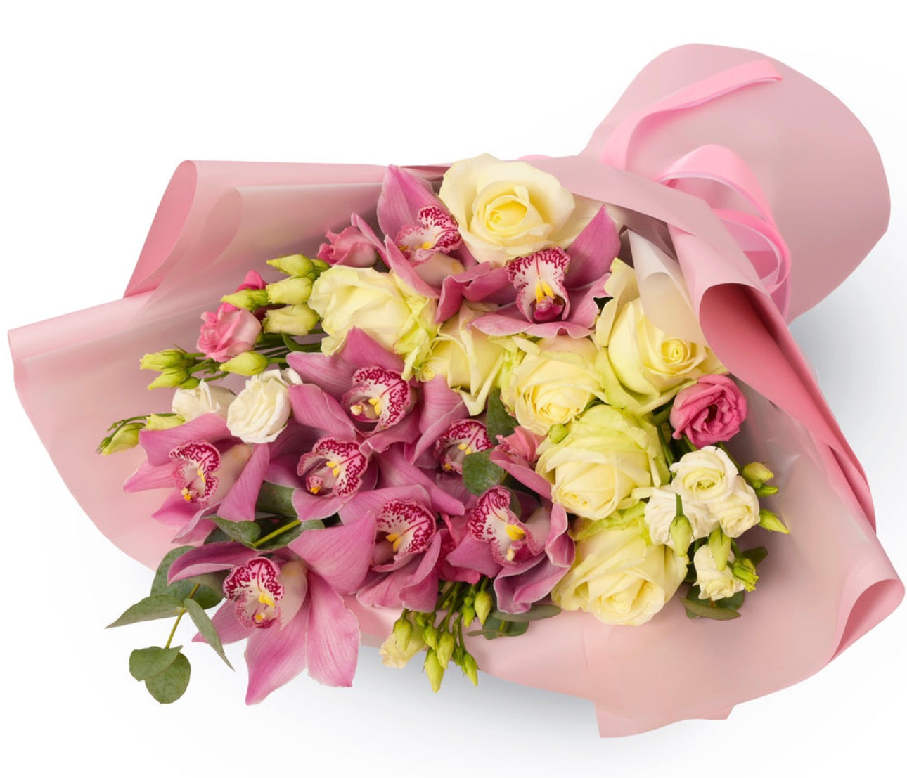 Elixir of Tenderness Bouquet – White Roses & Pink Orchids
