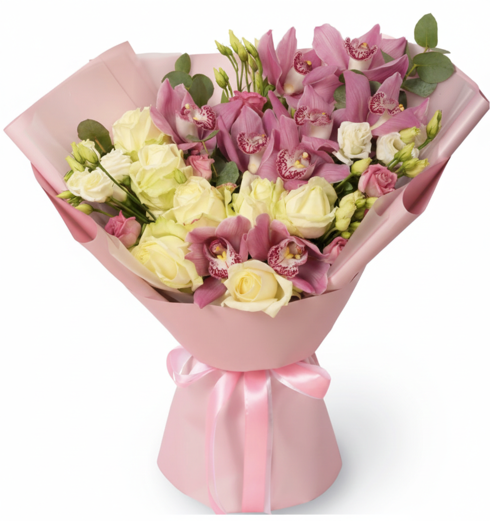 Elixir of Tenderness Bouquet – White Roses & Pink Orchids