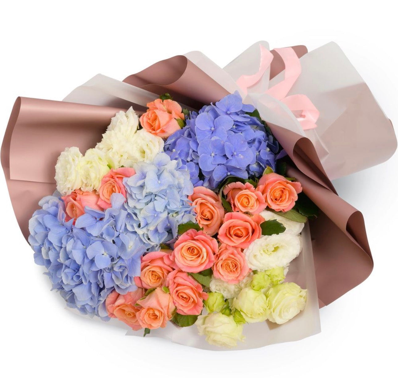 Elora Bouquet – Coral Roses & Hydrangeas