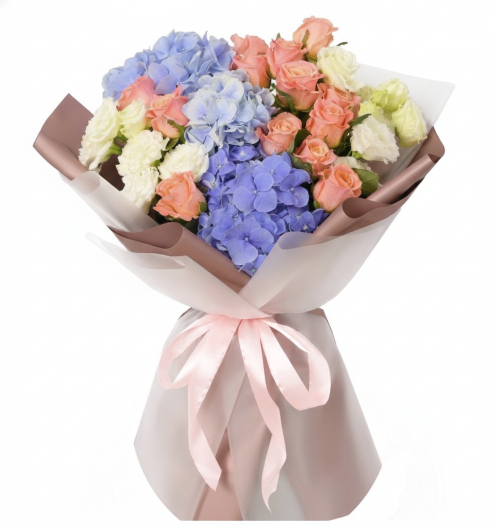 Elora Bouquet – Coral Roses & Hydrangeas