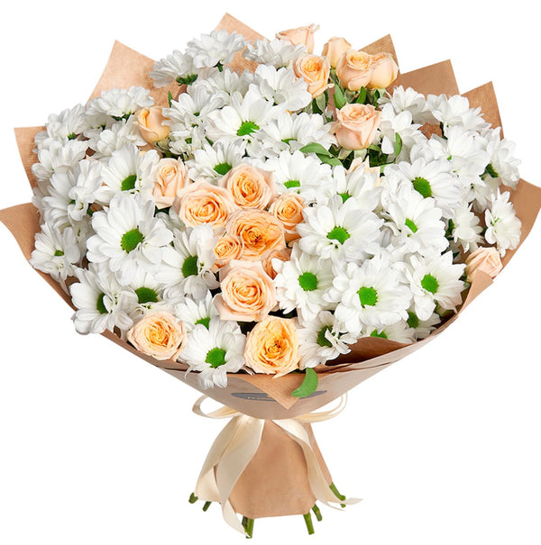 Flower Ball Bouquet – Cream Roses & White Chrysanthemums