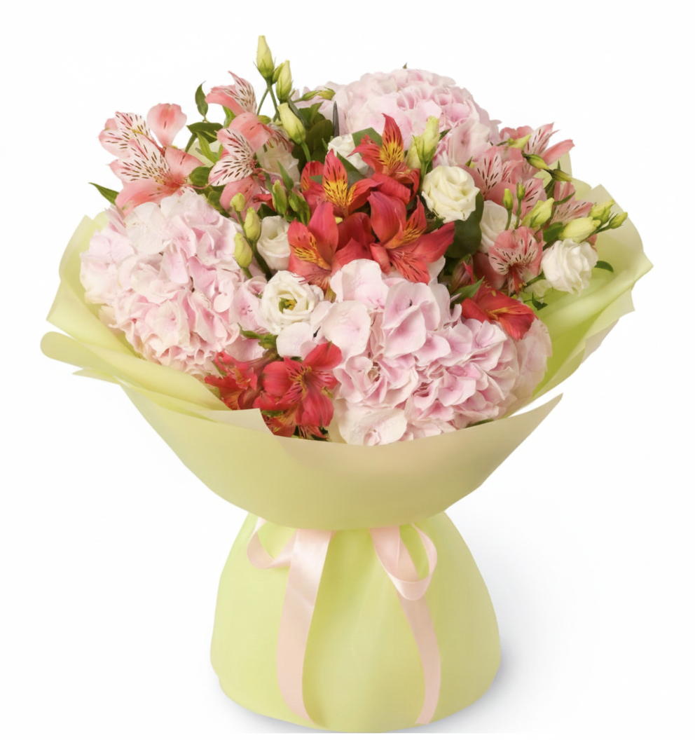 Fusion Bouquet – Pink Hydrangeas & White Eustoma