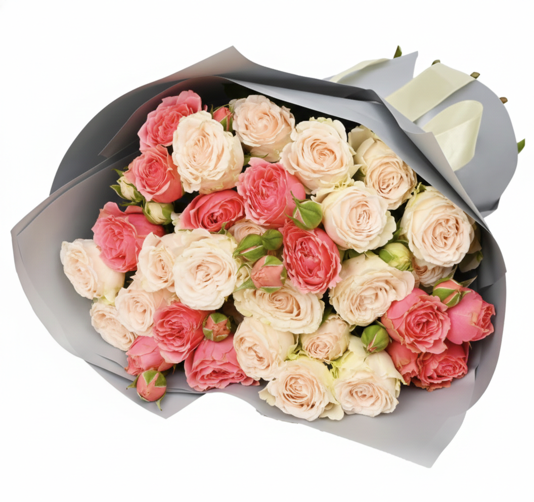 Happiness Bouquet – Cream & Pink Spray Roses