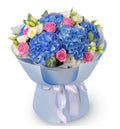 Heavenly Watercolor Bouquet – Blue Hydrangeas & Pink Roses