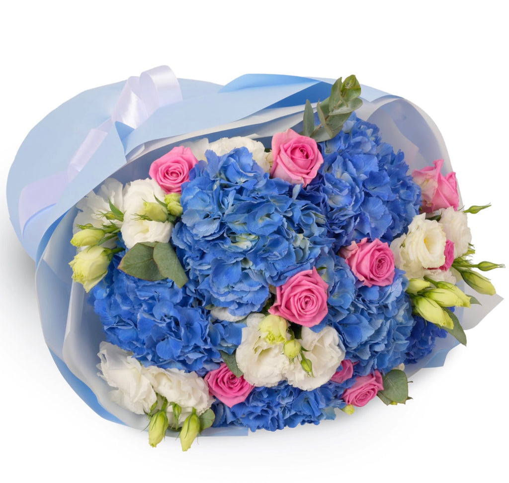Heavenly Watercolor Bouquet – Blue Hydrangeas & Pink Roses
