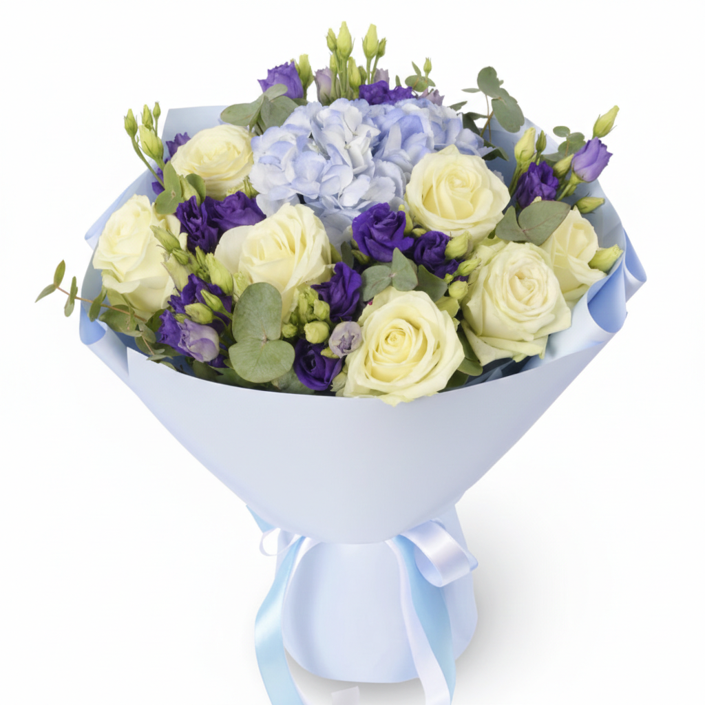Lavender Sky Bouquet – Hydrangea & Blue Eustoma