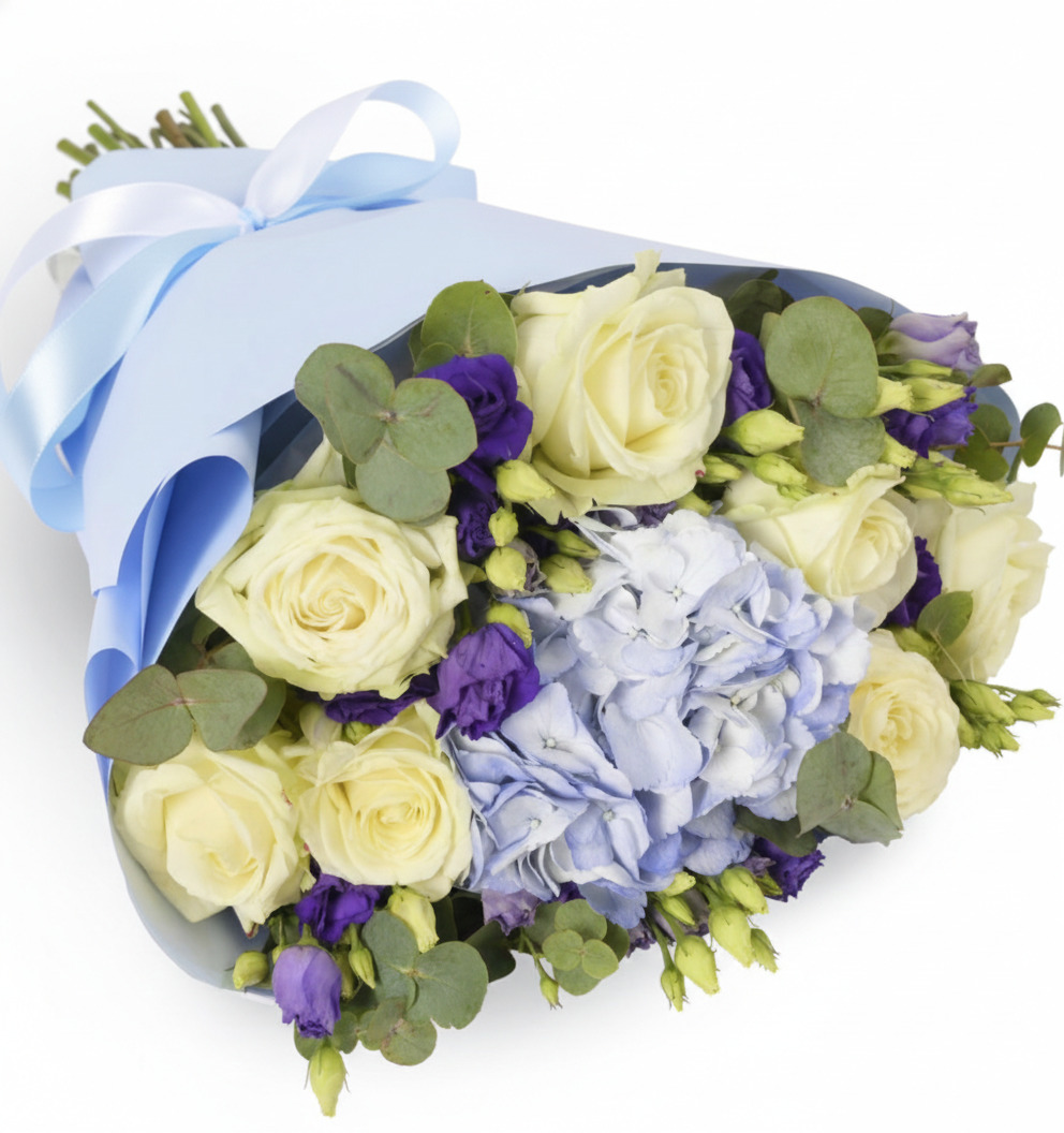 Lavender Sky Bouquet – Hydrangea & Blue Eustoma