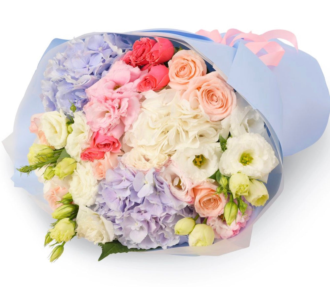 Roman Holiday Bouquet – Mixed Hydrangeas & Cream Roses