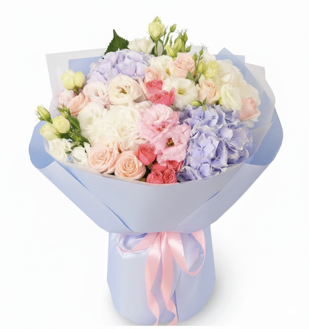 Roman Holiday Bouquet – Mixed Hydrangeas & Cream Roses