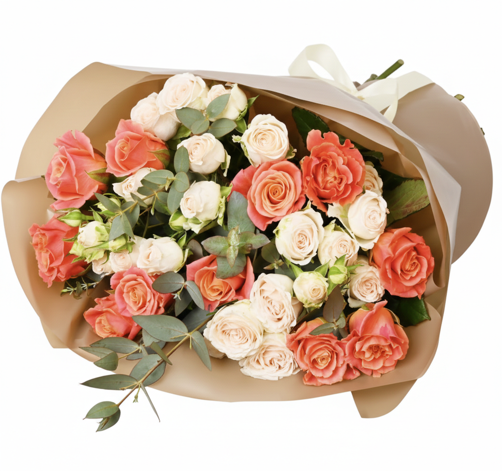 Sunny Melody Bouquet – Coral & Cream Roses