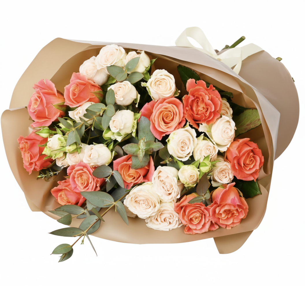 Sunny Melody Bouquet – Coral & Cream Roses