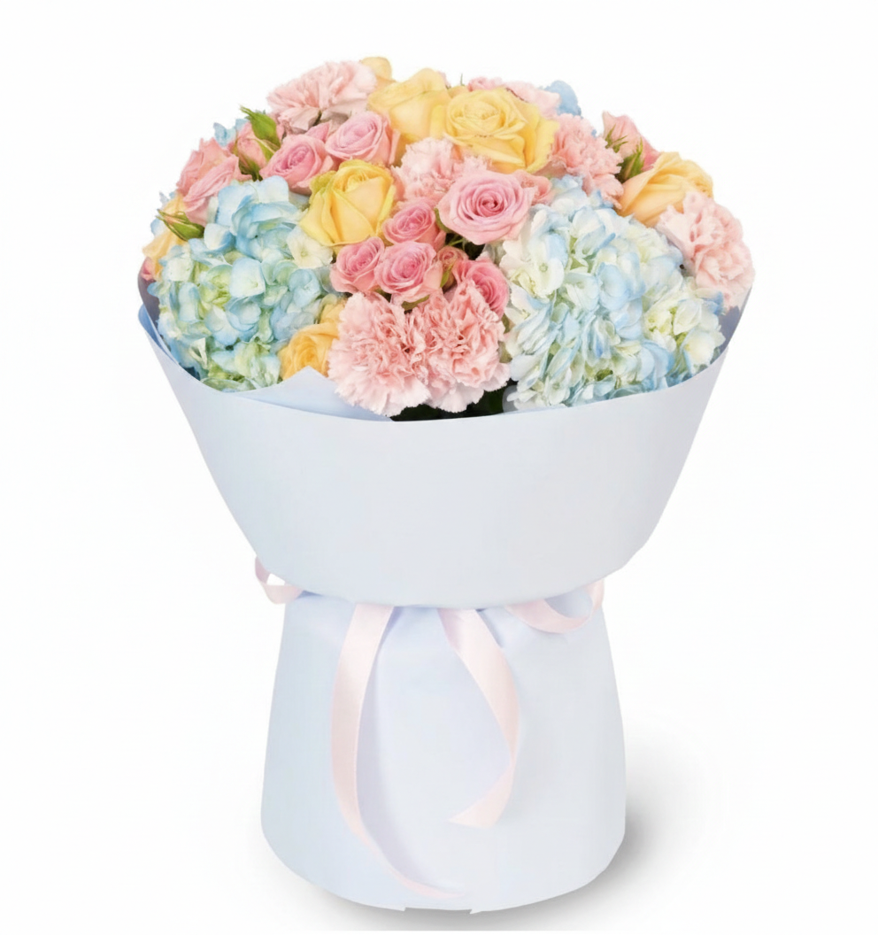 Tender Dawn Bouquet – Hydrangeas & Pastel Roses