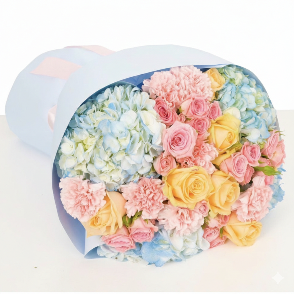 Tender Dawn Bouquet – Hydrangeas & Pastel Roses