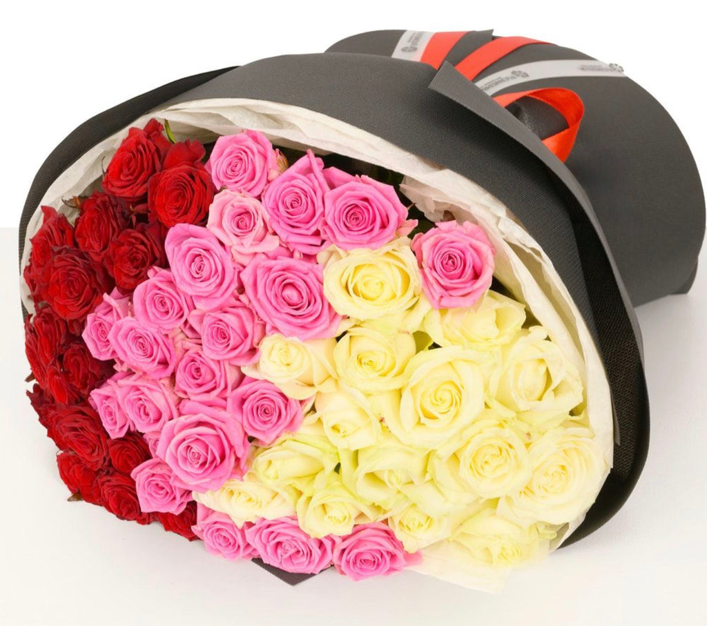 Three Hearts Bouquet – Red, White & Pink Roses