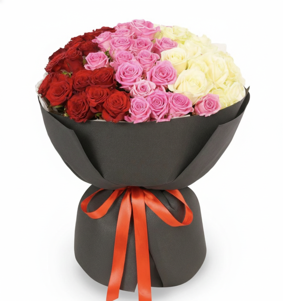 Three Hearts Bouquet – Red, White & Pink Roses